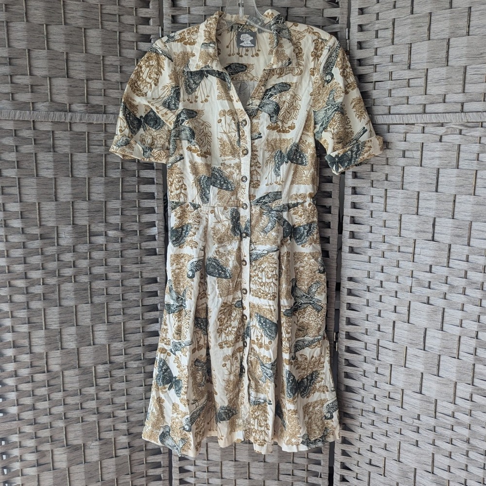 Anthro Girls from Savoy Shirt Dress Cream Bird Butterfly Print Corduroy Sz 6